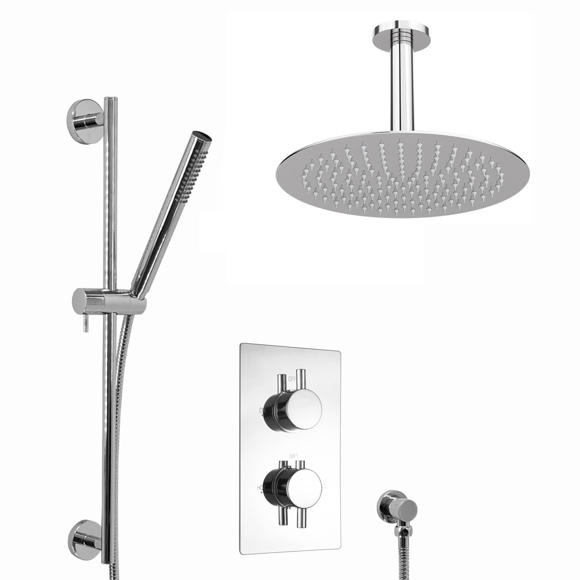 ENKI SH0034 Naples Contemporary Cross Concealed Thermostatic Shower Set Incl. Twin Valve, Ceiling Fixed 8" Shower Head, Slider Rail Kit - Chrome (2 Outlet) image